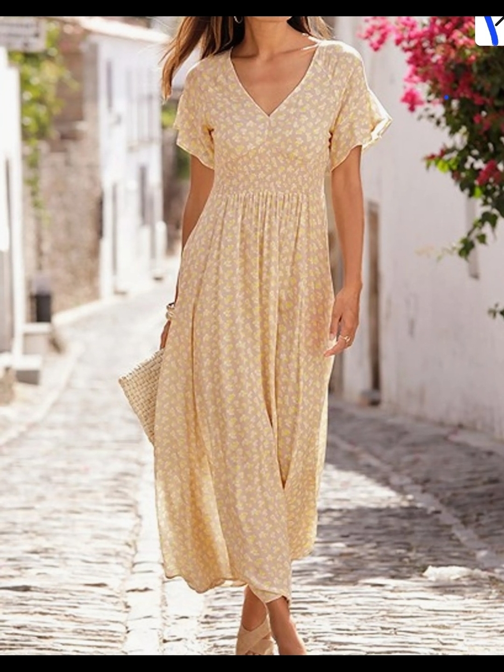 V-Neck Yellow Floral Maxi Dress with Flutter Sleeves